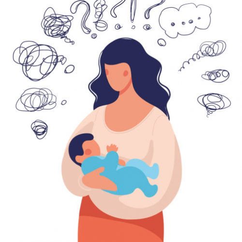 A woman with a child in her arms asks herself many questions. Conceptual illustration about postpartum depression, help for a young mother, family support. Flat cartoon illustration isolated on white background